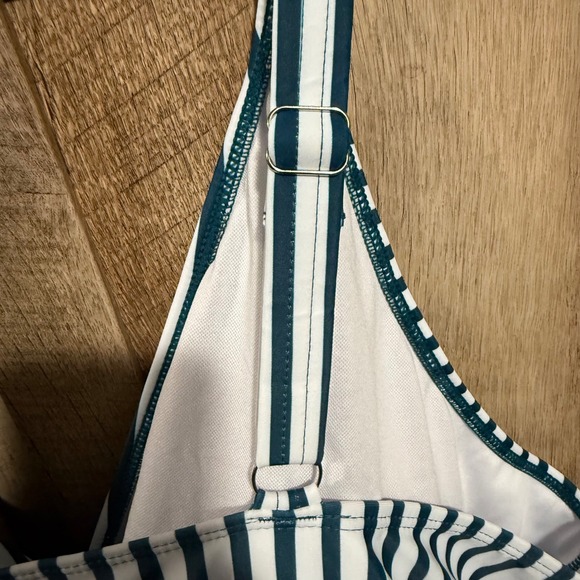 BloomChic Plus Size One Piece Swimsuit Floral Striped Crisscross Front Teal Blue - Picture 5 of 9